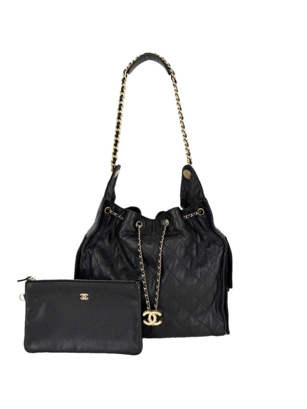 Chanel Shoulder Bag 25 Medium Chain CC Logo Grained Calfskin Black Gold